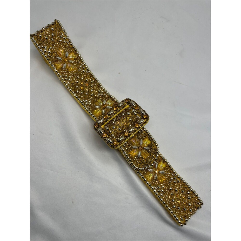 Vintage NWOT 1970s Yellow Gold Beaded Floral Wide Belt
